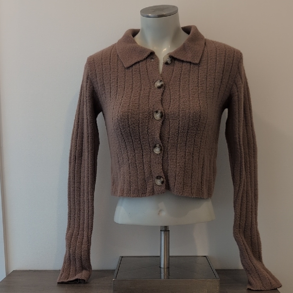 XS Light Brown Button-Up Knit Sweater - London Kaye